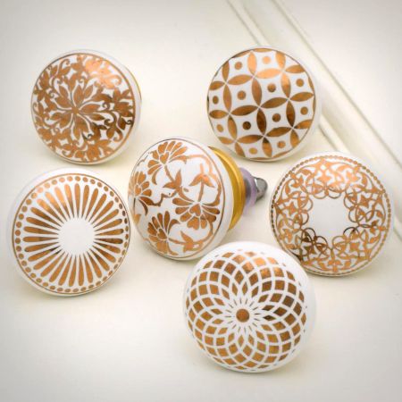 6 Pieces Golden Flat Ceramic Drawer Knobs